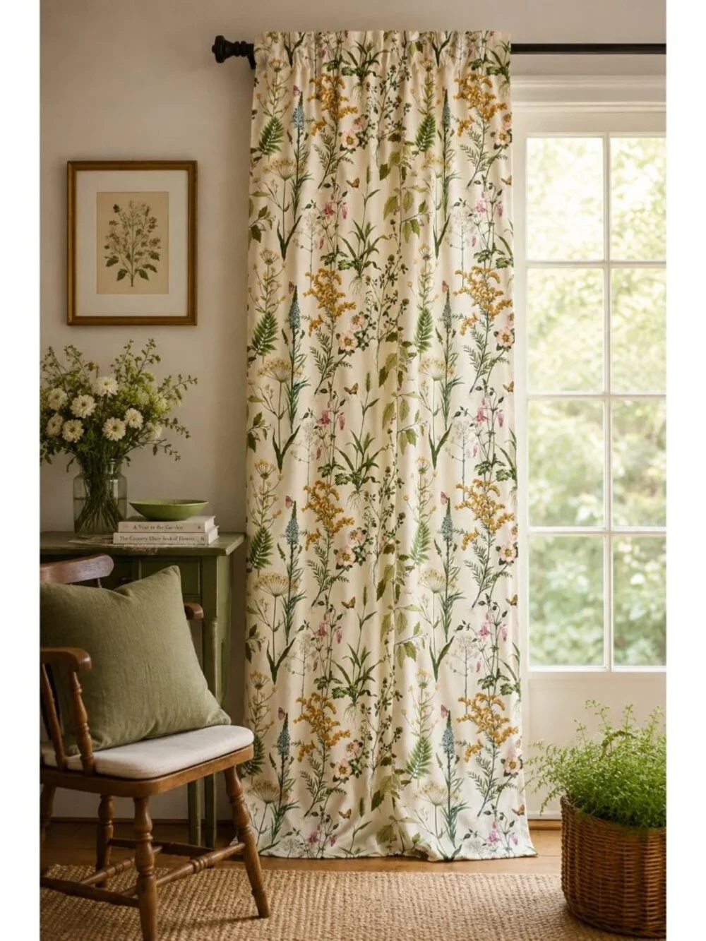 Ballard Designs Isabella Drapery Panel Botanical Floral Curtain 50x96 Cotton Gre